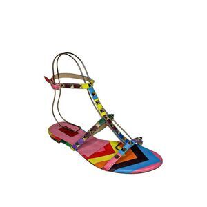 Valentino Multicolor Rockstud Gladiator Rainbow Leather Flat Caged Sandals EU 40